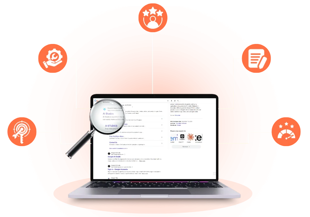 SEO services visualization showing laptop with search results and floating SEO icons